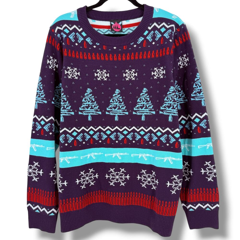 Retro Rifle Ugly Christmas Sweater Mens Sz XL Guns Ammo Purple Turquoise Cotton
